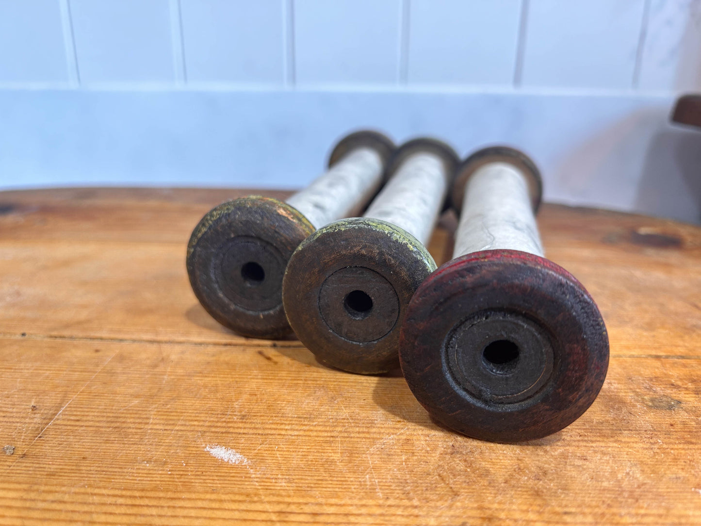 Colourful Antique Industrial Mill Bobbins with Thread