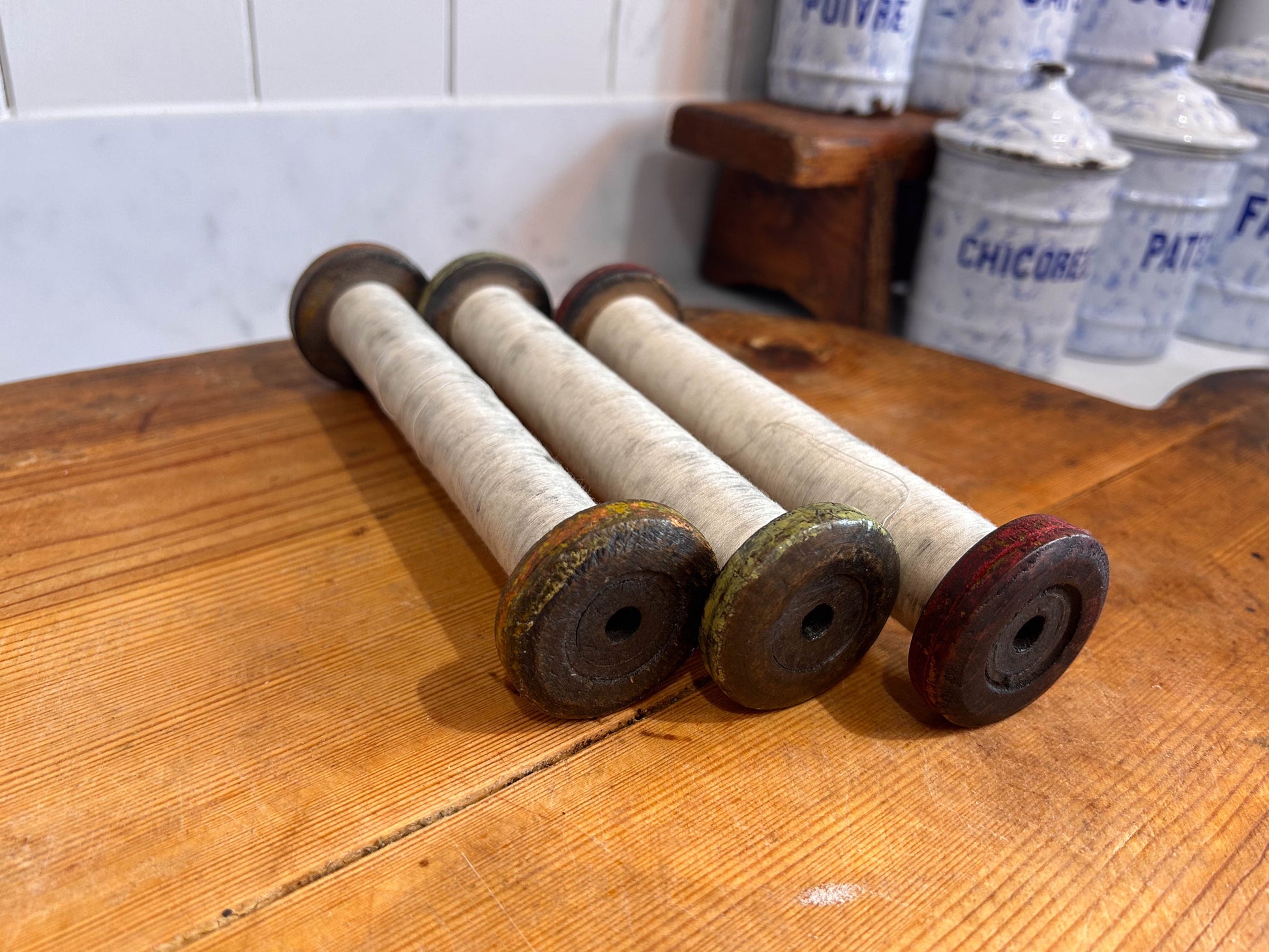 Colourful Antique Industrial Mill Bobbins with Thread