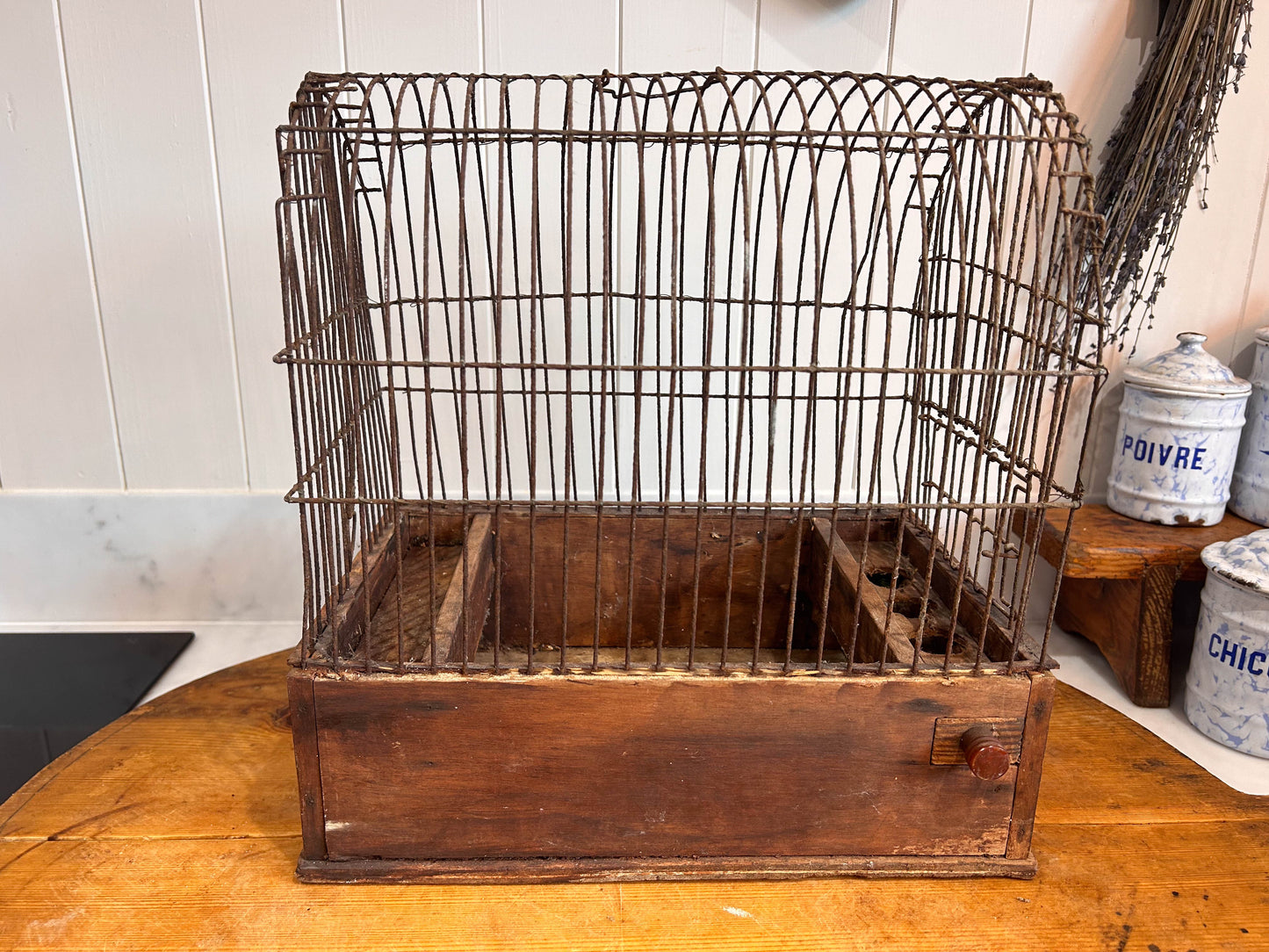 French Antique Rectangular Rustic Wire & Dark Wooden Base Birdcage