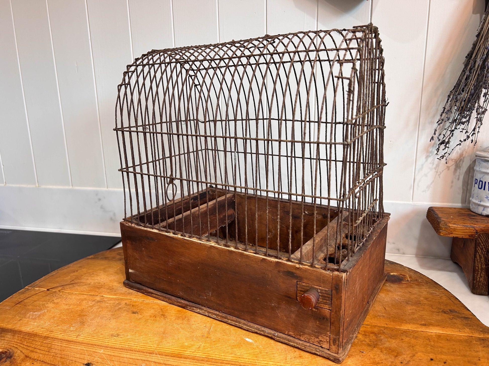 French Antique Rectangular Rustic Wire & Dark Wooden Base Birdcage