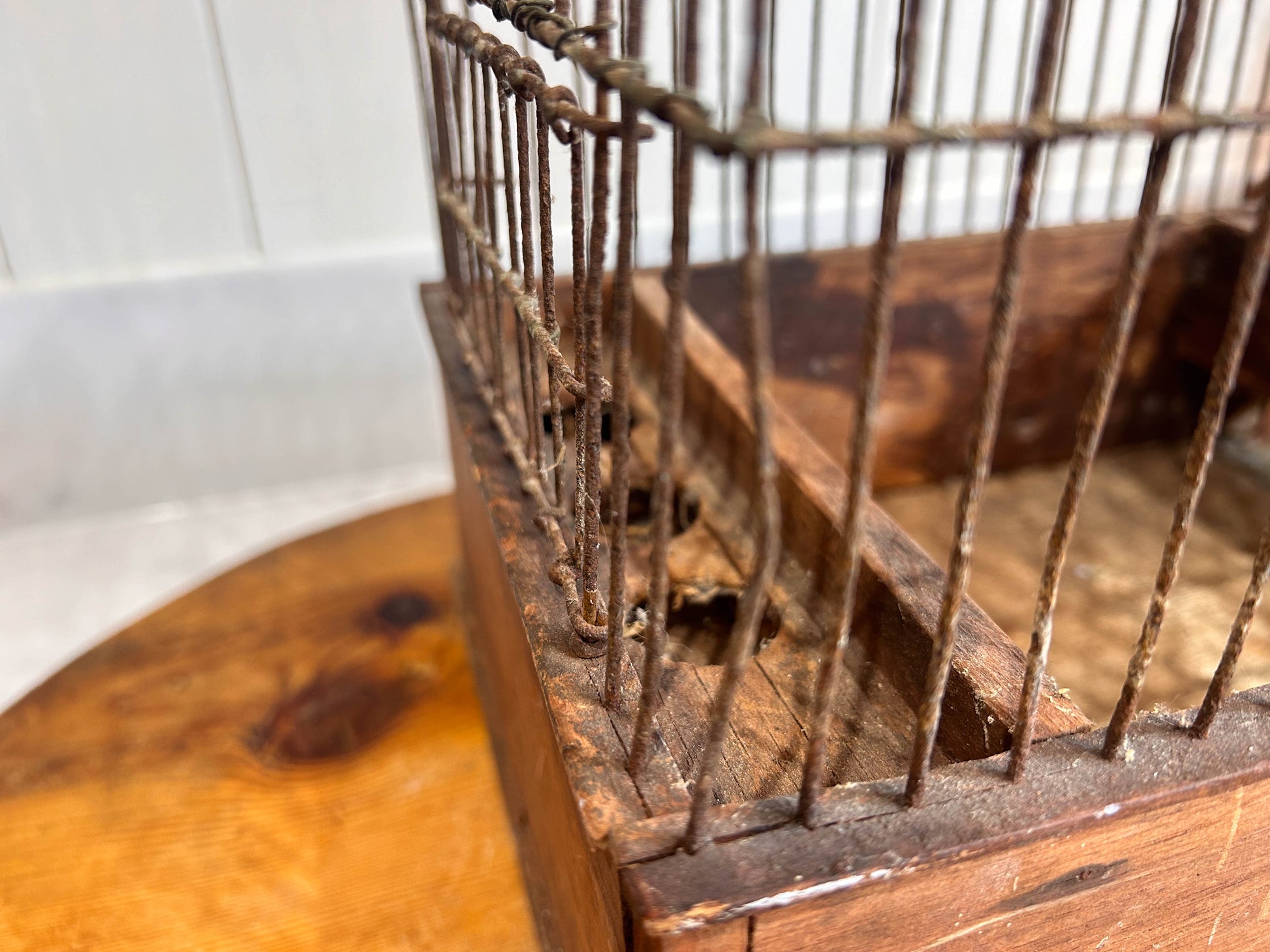 French Antique Rectangular Rustic Wire & Dark Wooden Base Birdcage