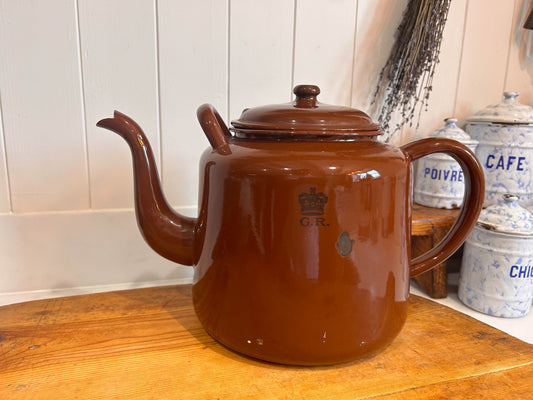 Vintage Enamel Brown Railway 1940s Teapot with GR Stamp