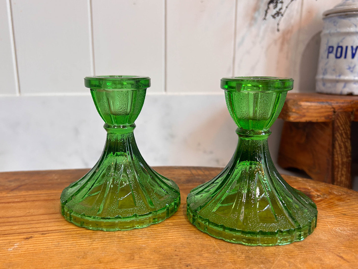 Vintage Green Glass Candlesticks (Pair)