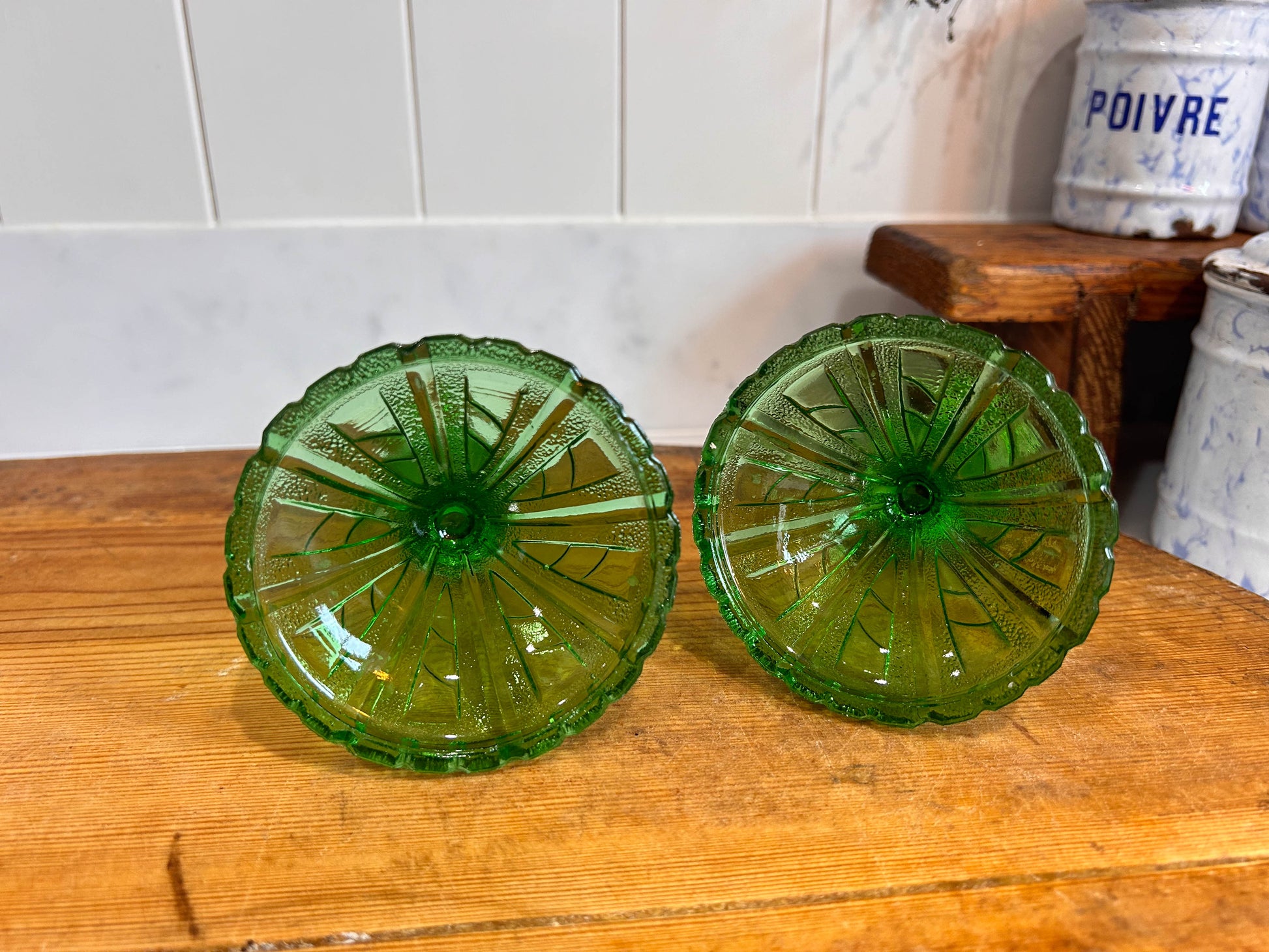 Vintage Green Glass Candlesticks (Pair)