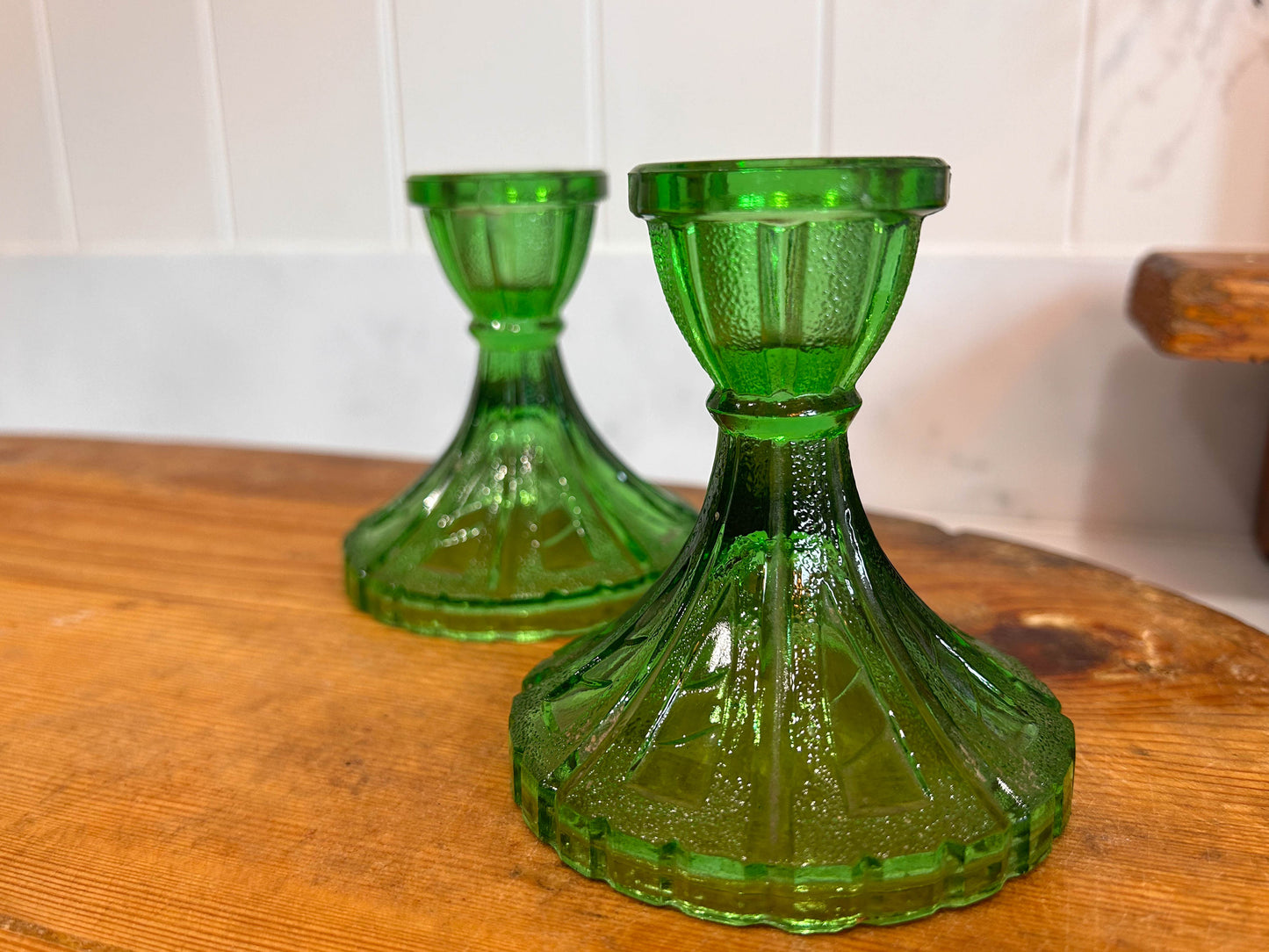 Vintage Green Glass Candlesticks (Pair)