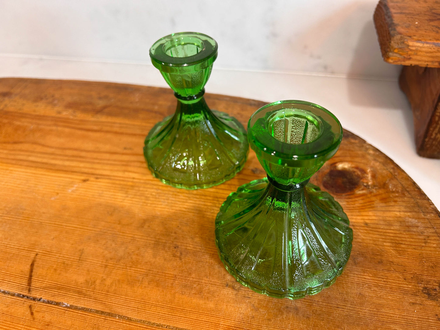 Vintage Green Glass Candlesticks (Pair)