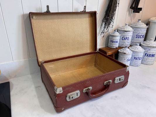 Small Vintage Brown Red Suitcase with Original Paper Lining