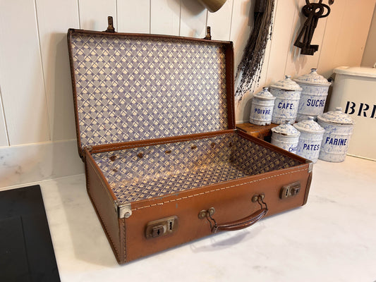 Small Vintage Brown Suitcase with Original Paper Lining