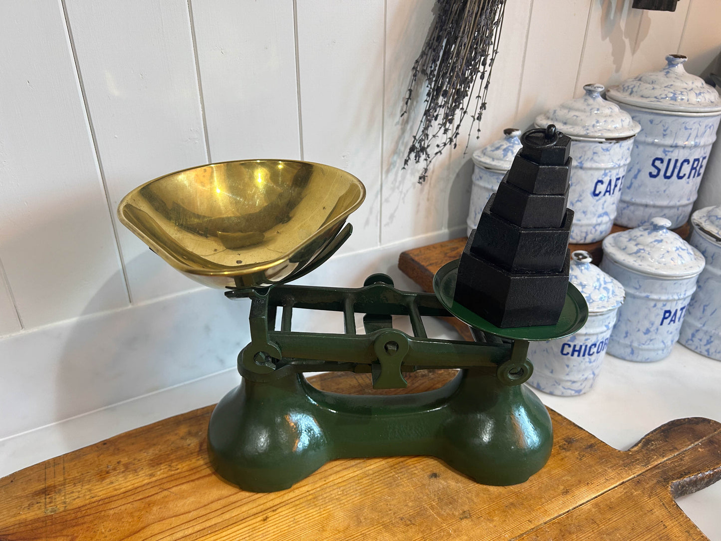 Vintage Green Kitchen Shop Scales and Hexagonal Cast Weights