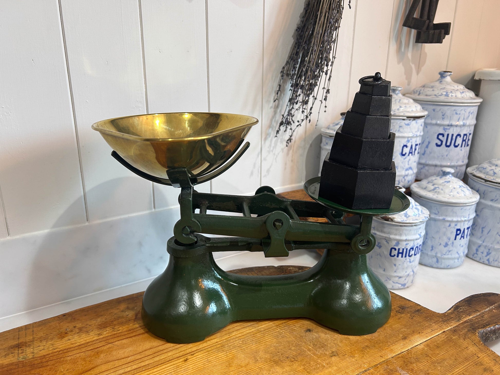 Vintage Green Kitchen Shop Scales and Hexagonal Cast Weights