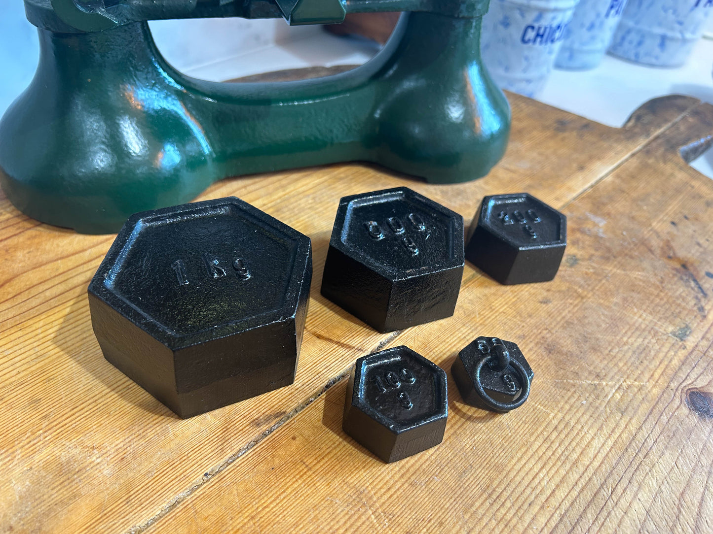 Vintage Green Kitchen Shop Scales and Hexagonal Cast Weights