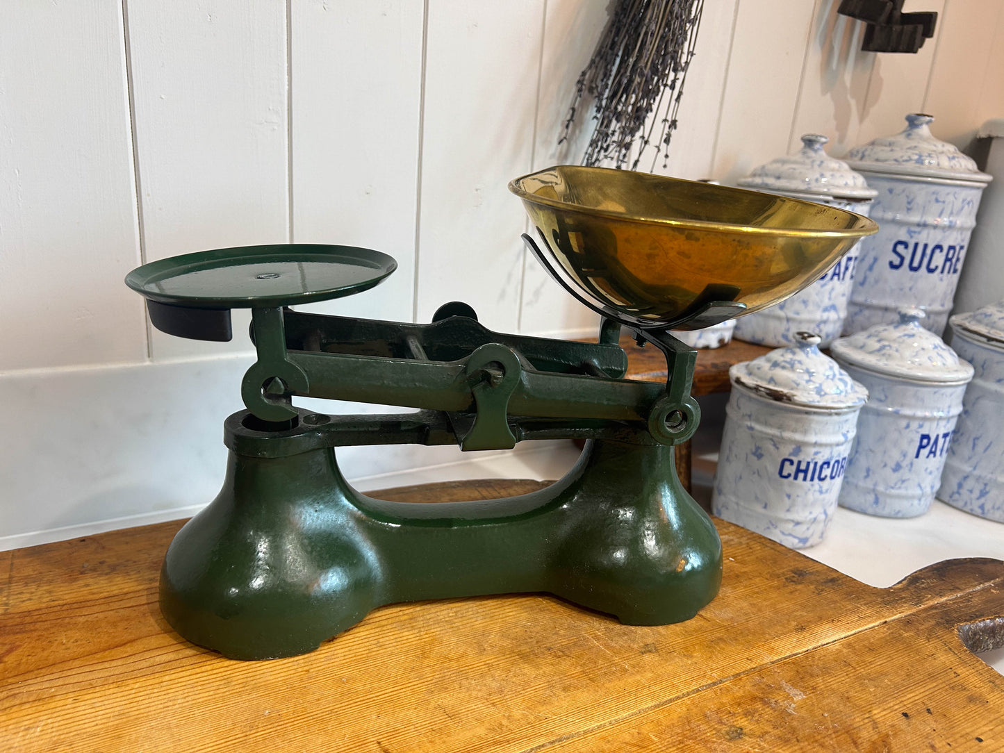 Vintage Green Kitchen Shop Scales and Hexagonal Cast Weights