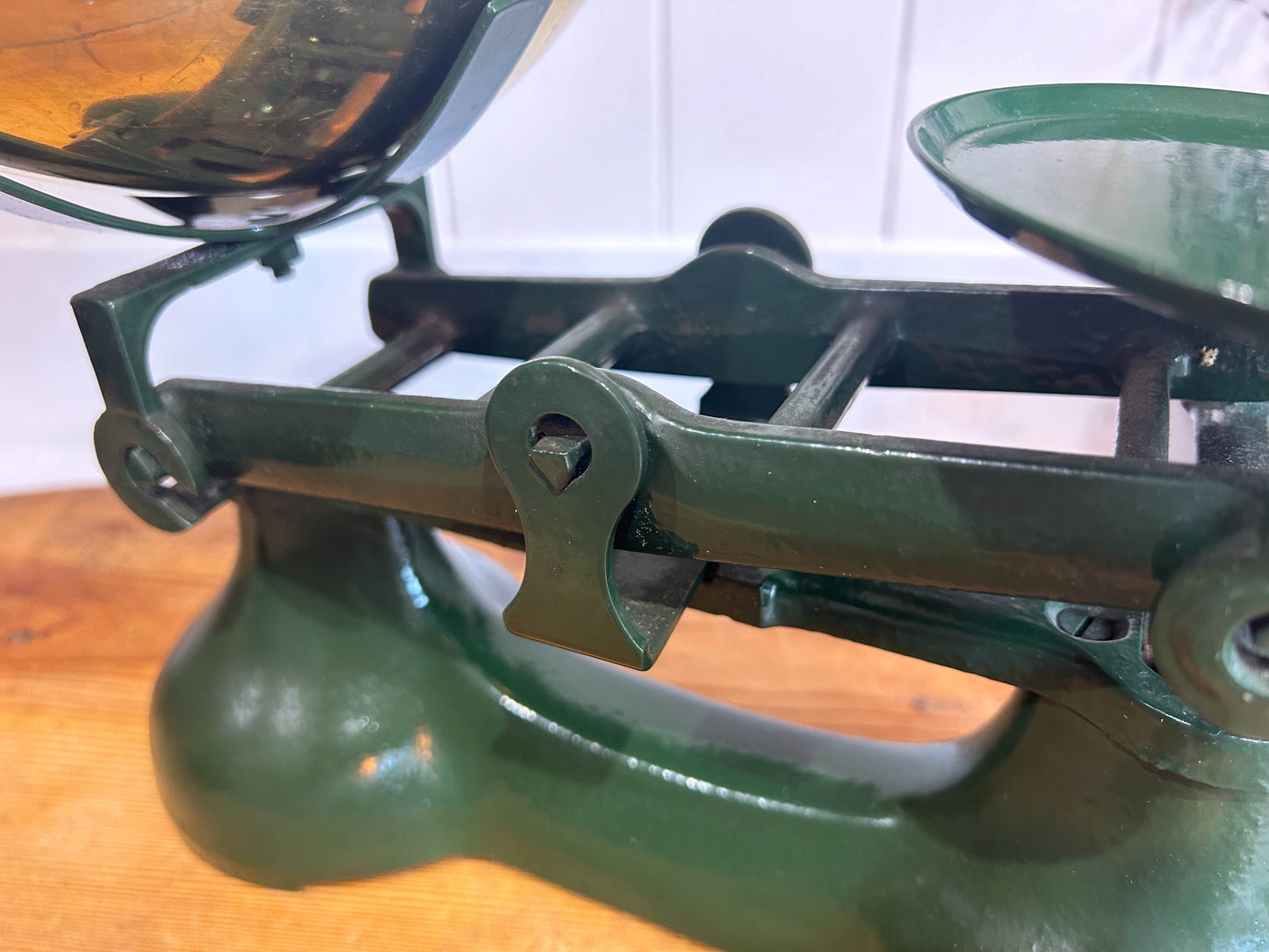 Vintage Green Kitchen Shop Scales and Hexagonal Cast Weights