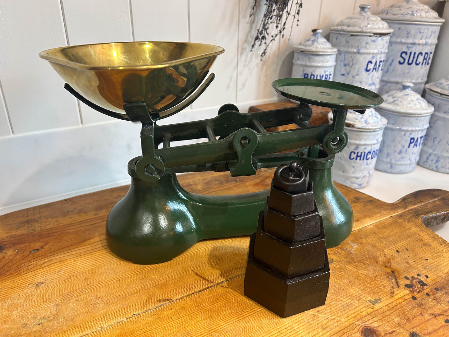 Vintage Green Kitchen Shop Scales and Hexagonal Cast Weights