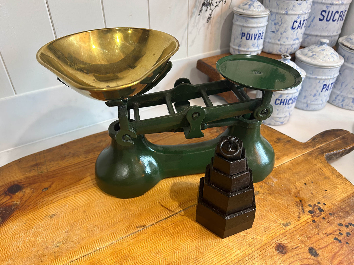 Vintage Green Kitchen Shop Scales and Hexagonal Cast Weights