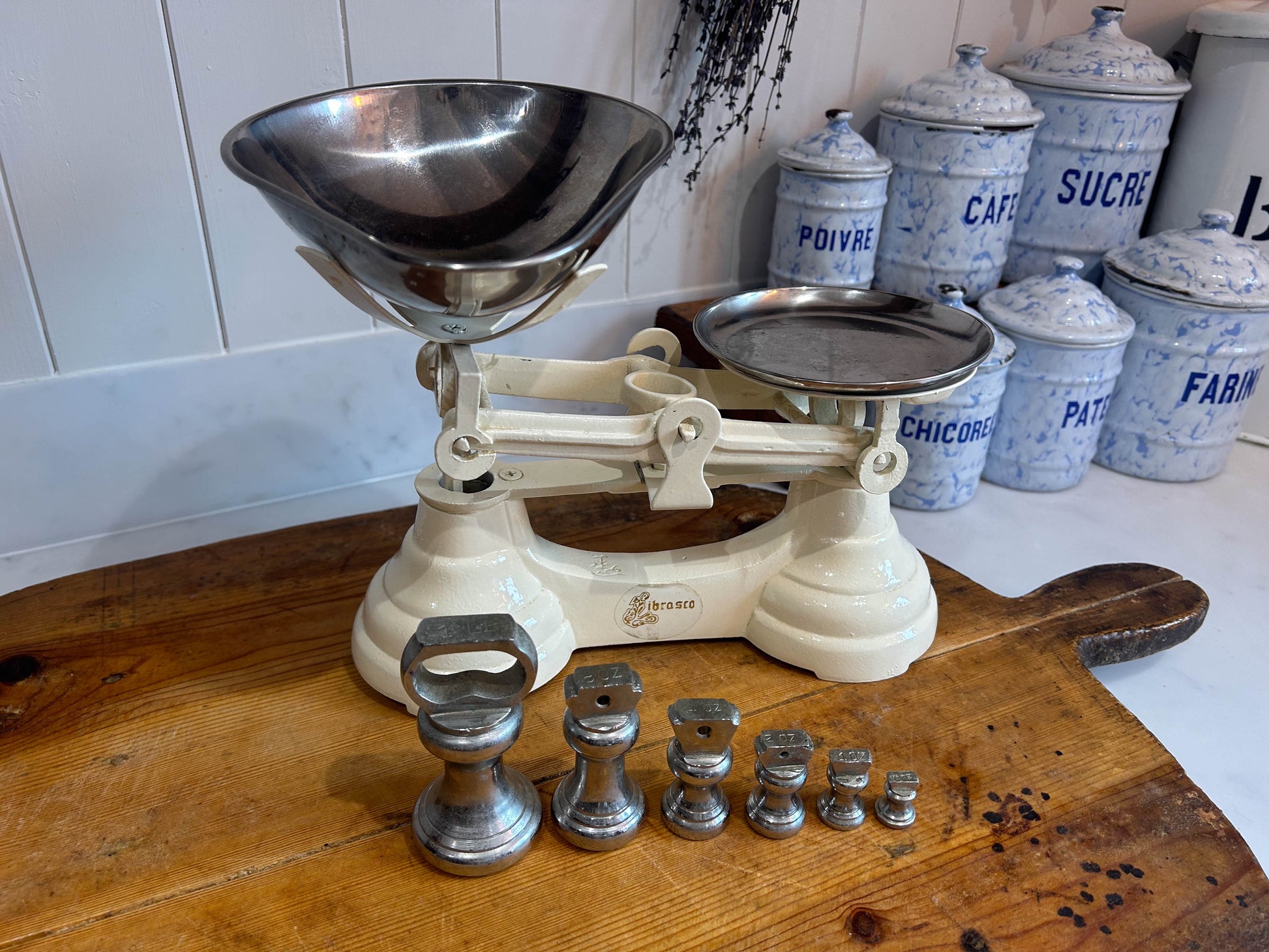 Vintage Heavy Antique Librasco White Cream Cast Iron Brass Birmingham Kitchen Weighing Scales with Weights