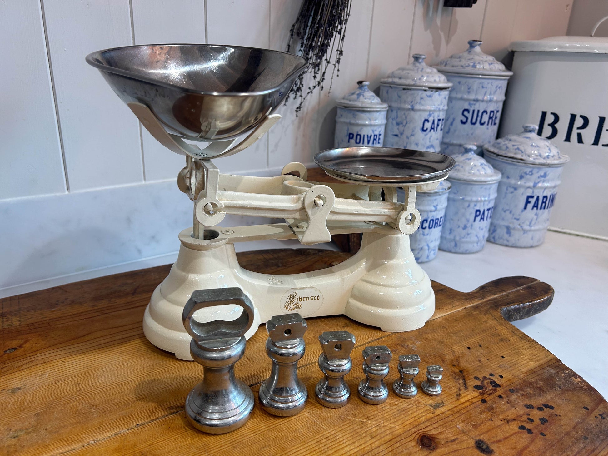 Vintage Heavy Antique Librasco White Cream Cast Iron Brass Birmingham Kitchen Weighing Scales with Weights