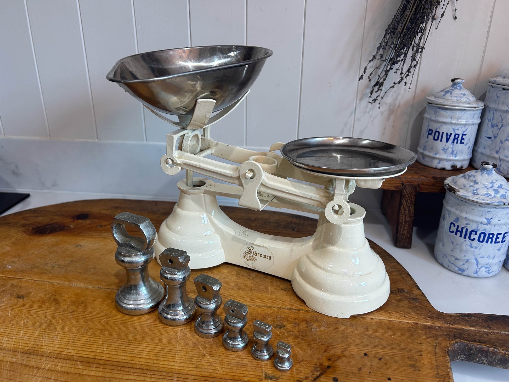 Vintage Heavy Antique Librasco White Cream Cast Iron Brass Birmingham Kitchen Weighing Scales with Weights