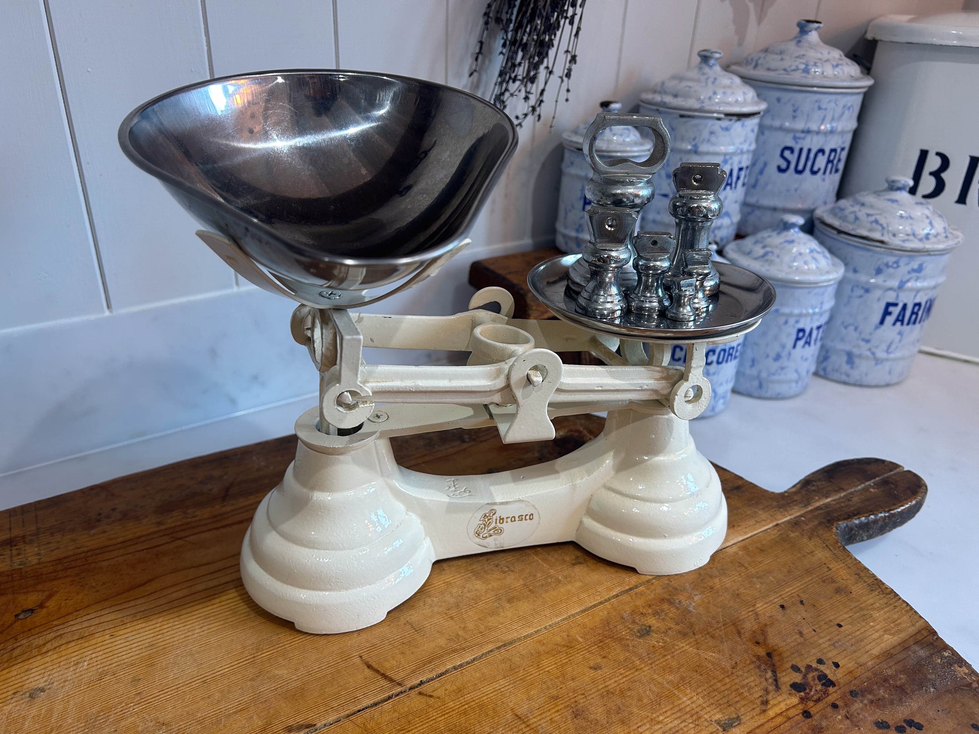 Vintage Heavy Antique Librasco White Cream Cast Iron Brass Birmingham Kitchen Weighing Scales with Weights