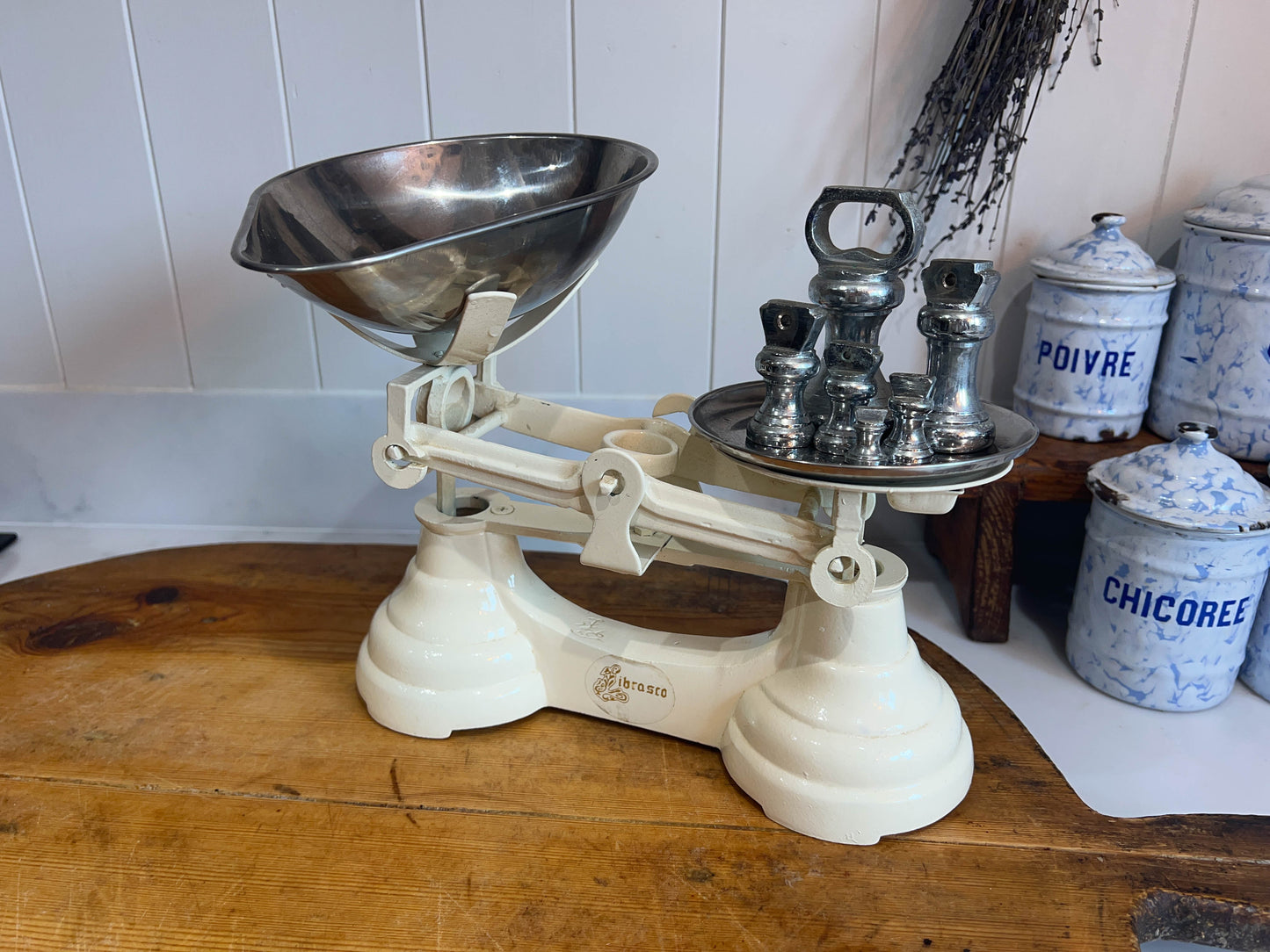 Vintage Heavy Antique Librasco White Cream Cast Iron Brass Birmingham Kitchen Weighing Scales with Weights