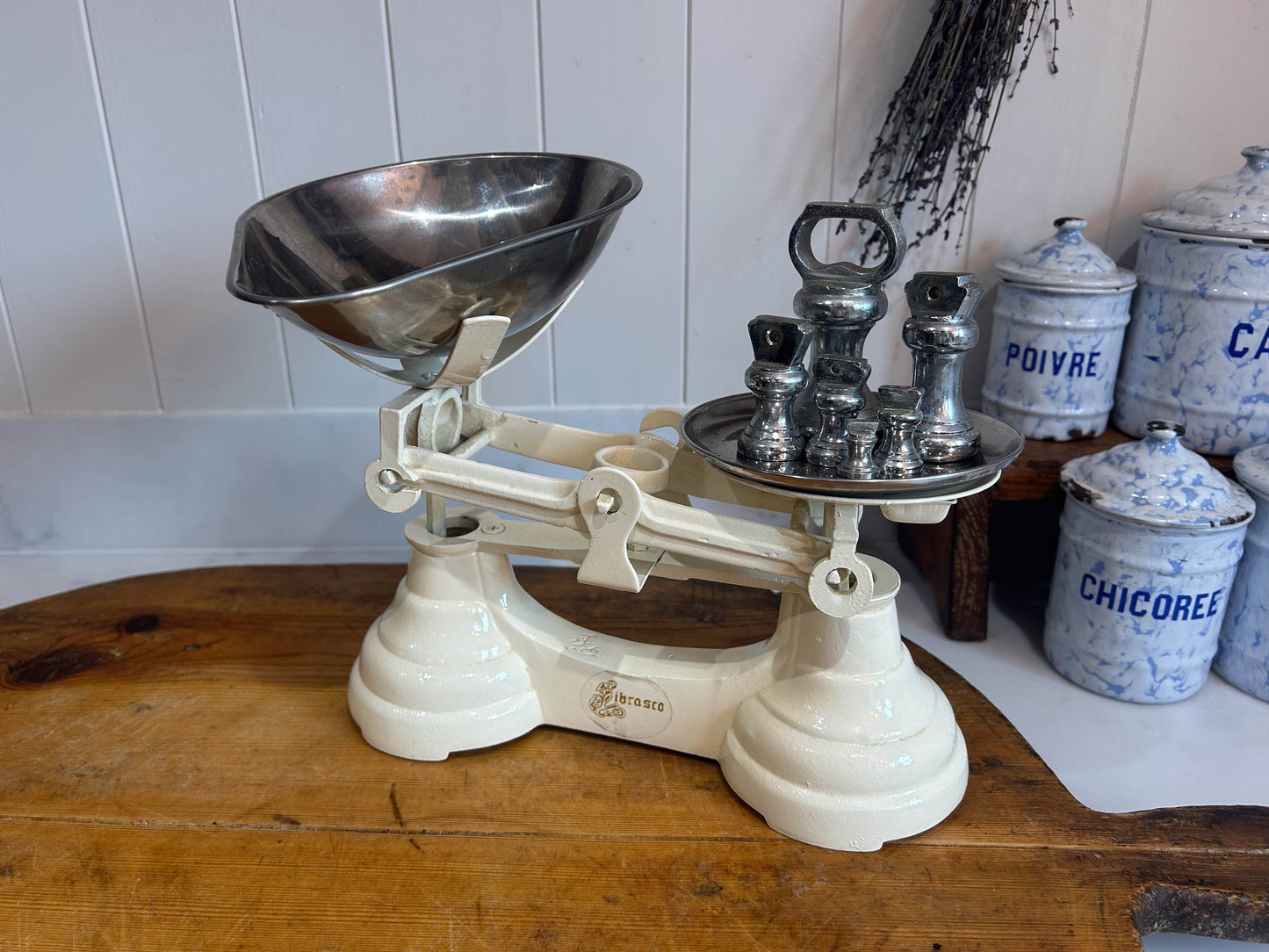 Vintage Heavy Antique Librasco White Cream Cast Iron Brass Birmingham Kitchen Weighing Scales with Weights