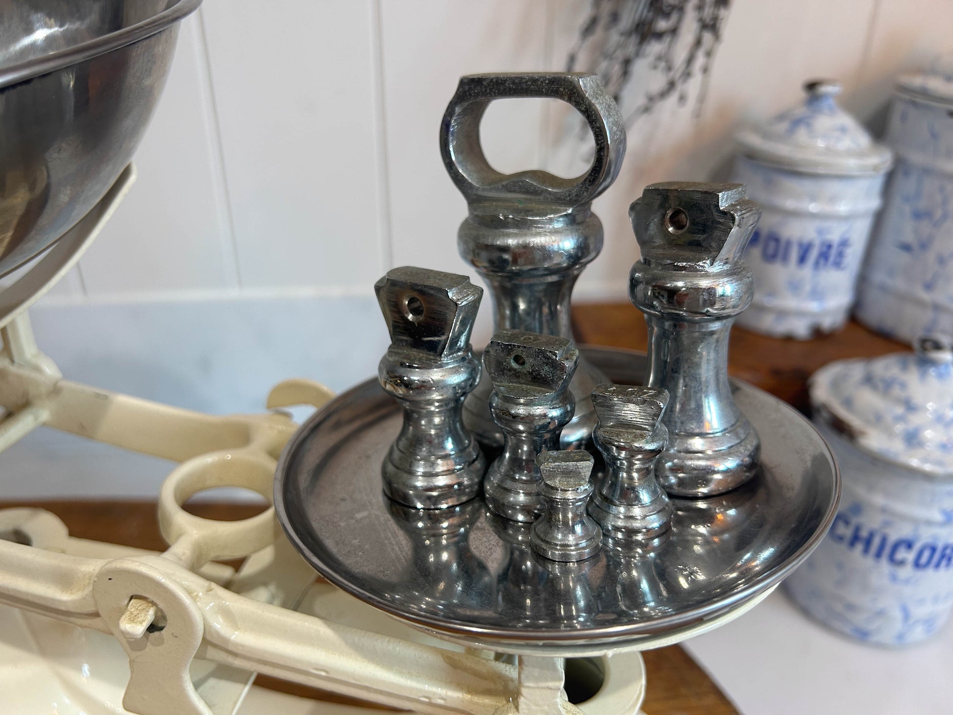 Vintage Heavy Antique Librasco White Cream Cast Iron Brass Birmingham Kitchen Weighing Scales with Weights