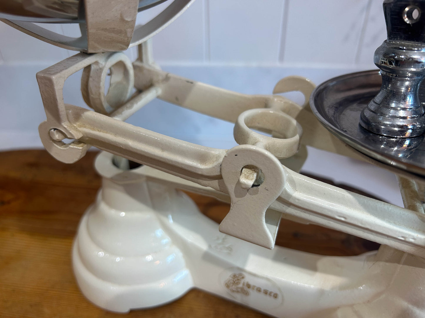 Vintage Heavy Antique Librasco White Cream Cast Iron Brass Birmingham Kitchen Weighing Scales with Weights