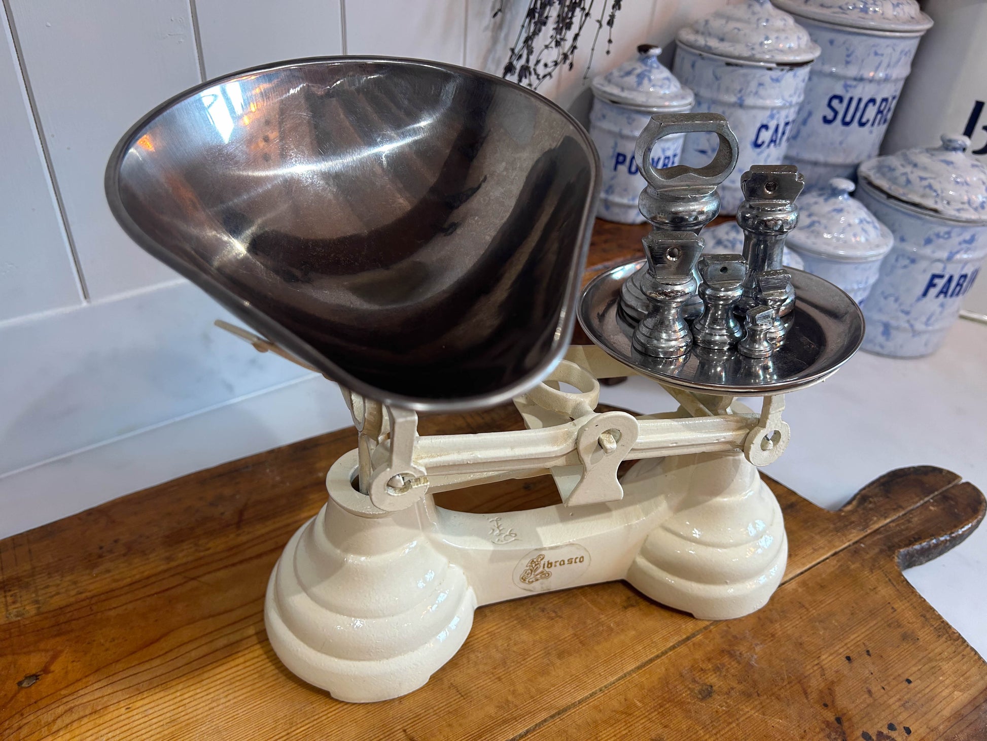 Vintage Heavy Antique Librasco White Cream Cast Iron Brass Birmingham Kitchen Weighing Scales with Weights