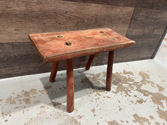 Antique Vintage Red Rustic Wooden Farmhouse Stool