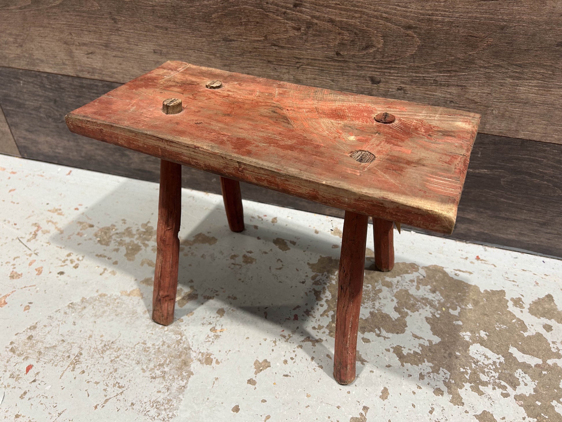 Antique Vintage Red Rustic Wooden Farmhouse Stool