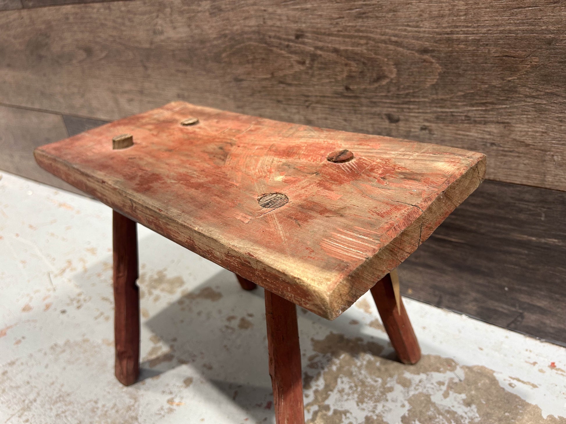 Antique Vintage Red Rustic Wooden Farmhouse Stool