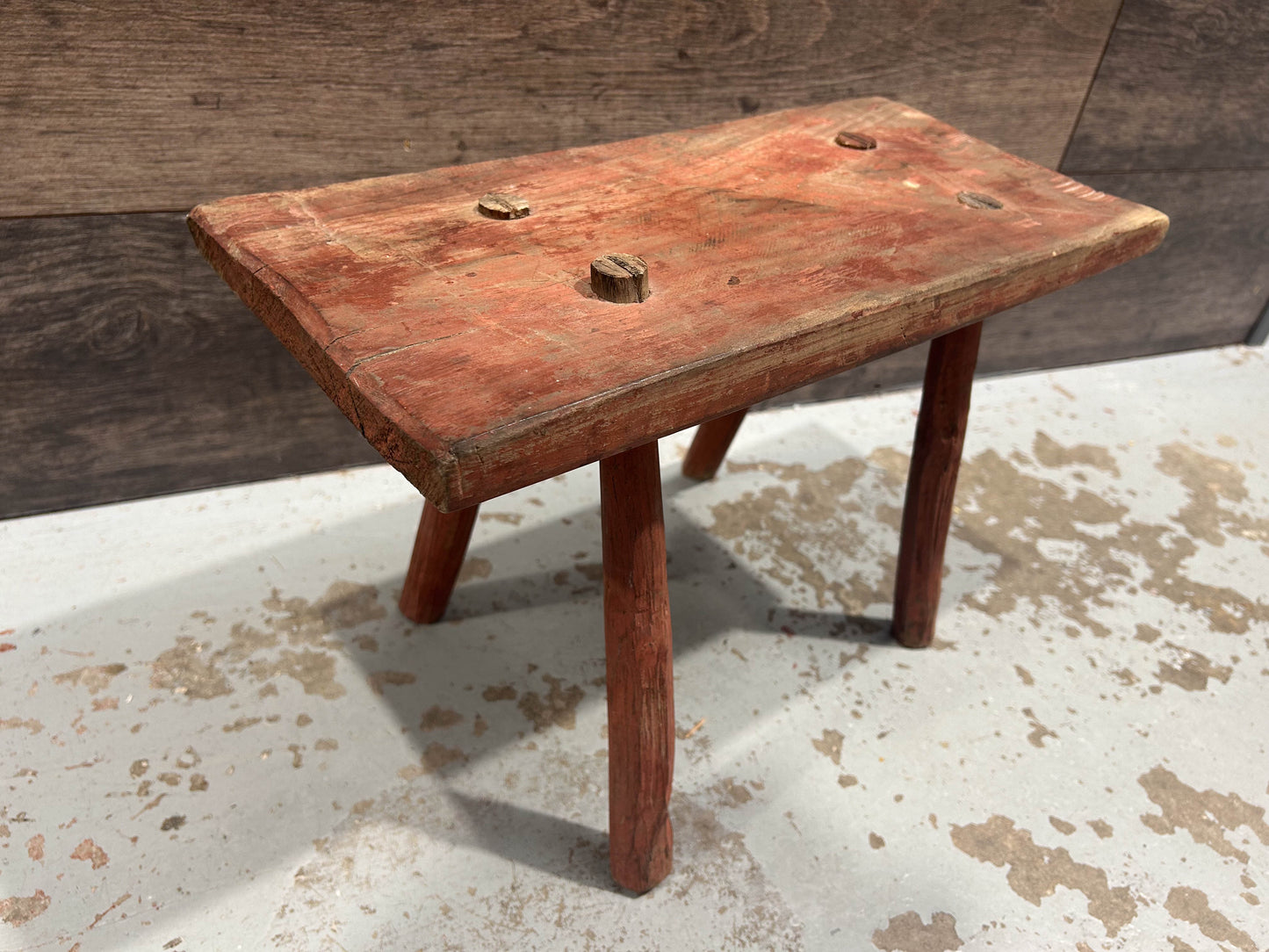 Antique Vintage Red Rustic Wooden Farmhouse Stool