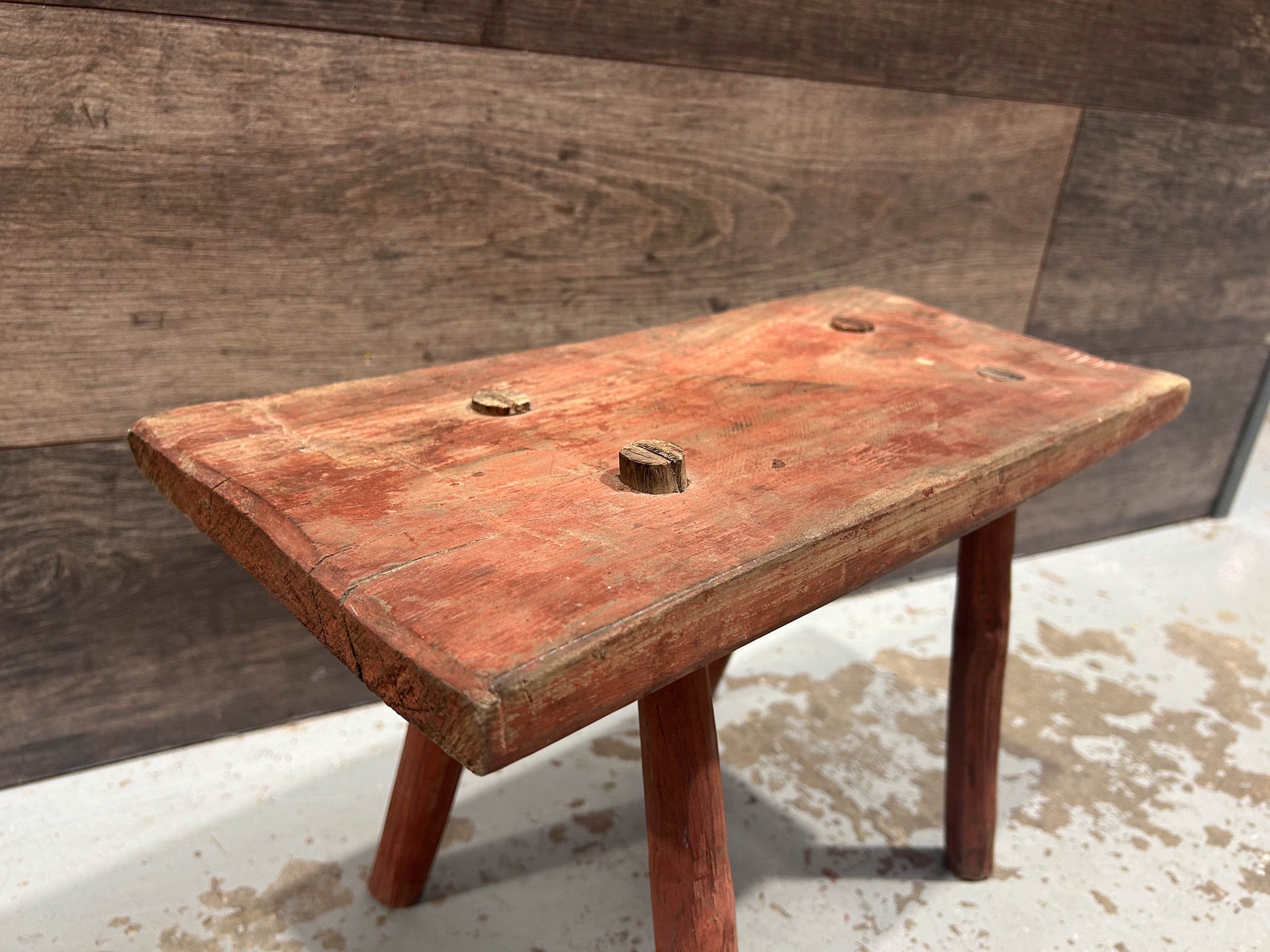 Antique Vintage Red Rustic Wooden Farmhouse Stool