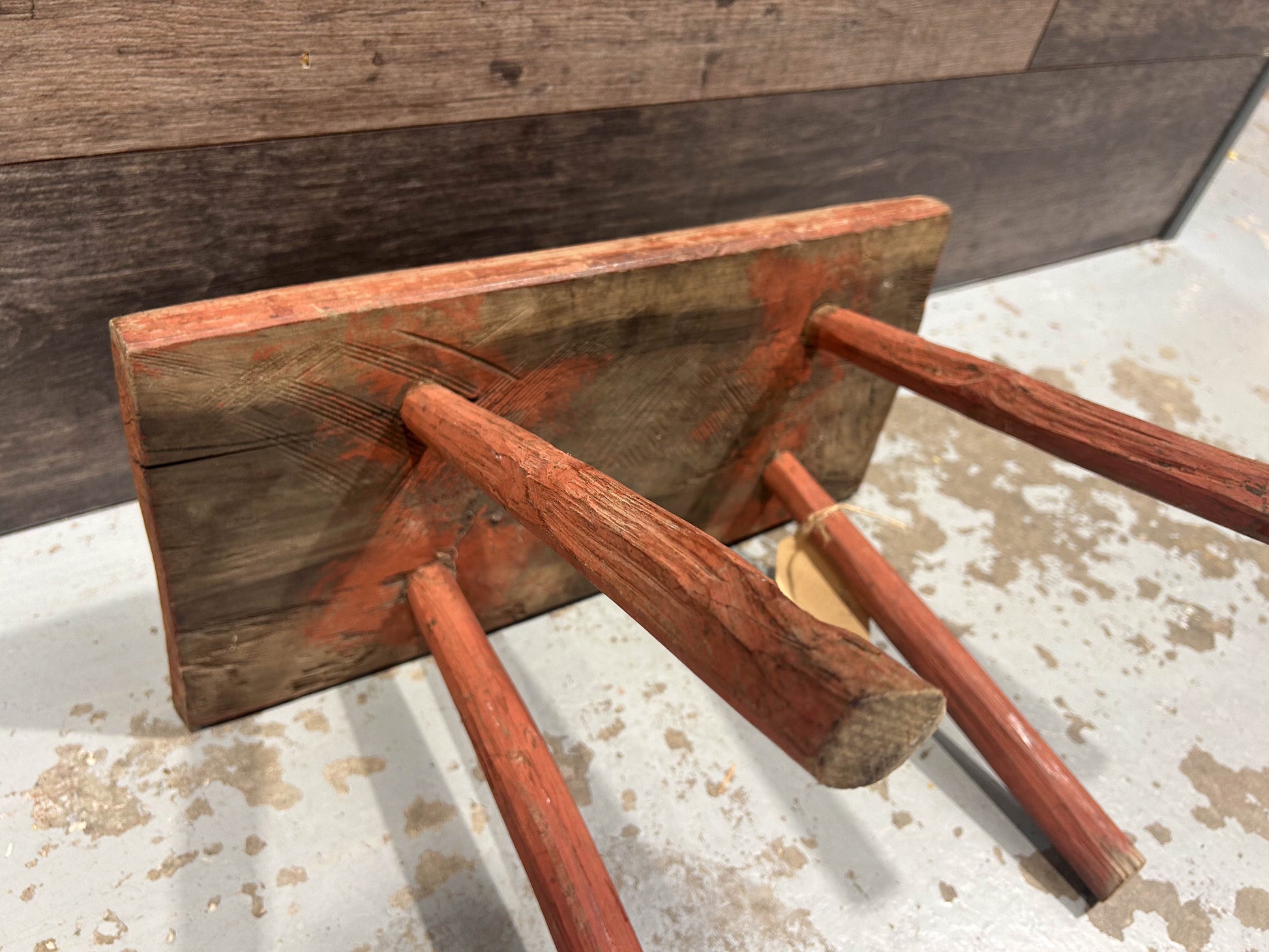 Antique Vintage Red Rustic Wooden Farmhouse Stool