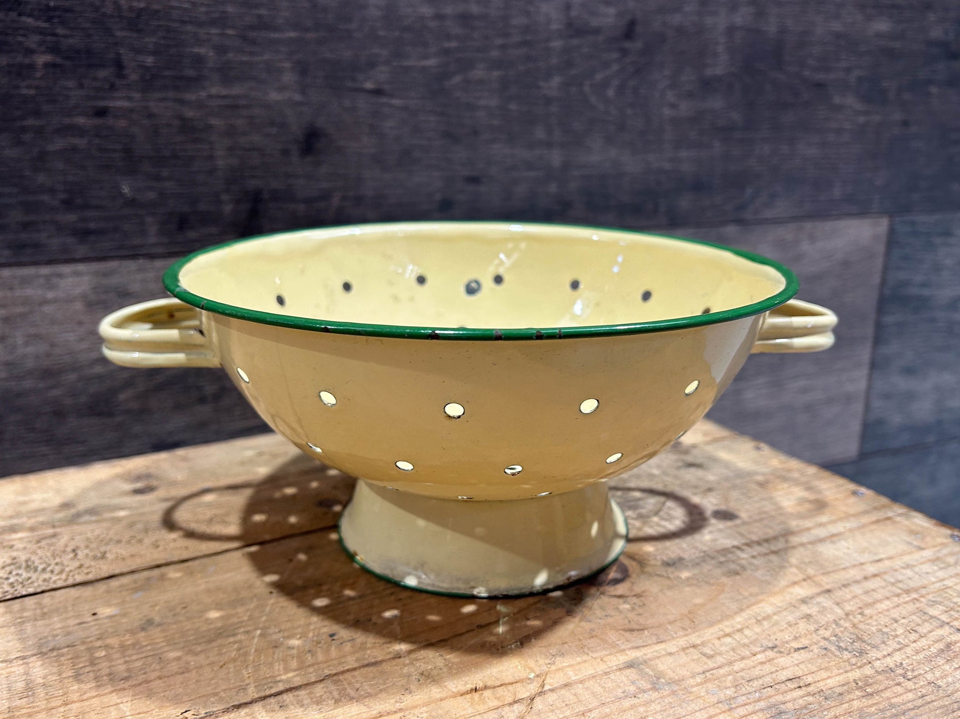 Vintage Cream and Green Enamel Kitchen Colander