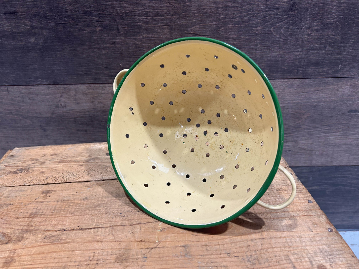 Vintage Cream and Green Enamel Kitchen Colander