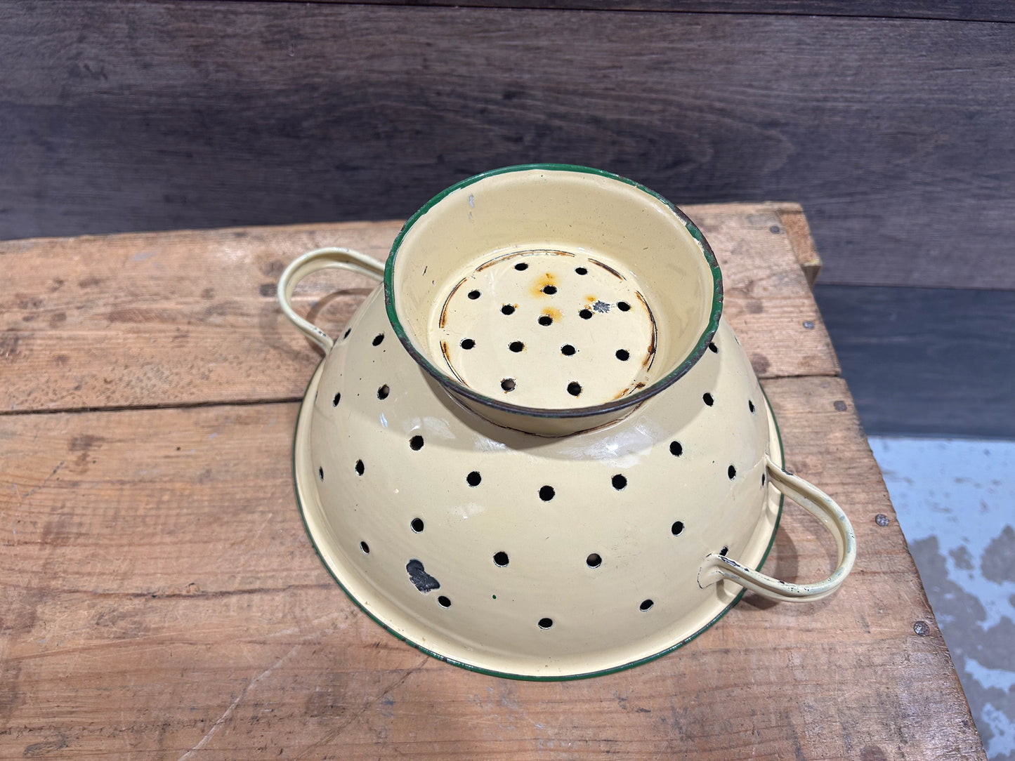 Vintage Cream and Green Enamel Kitchen Colander