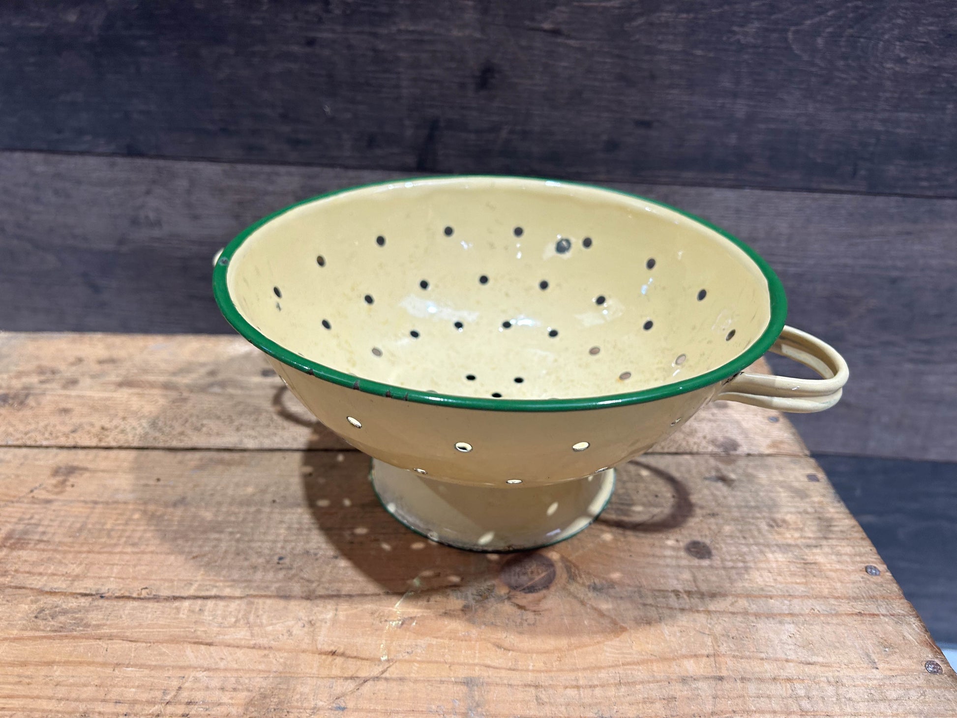 Vintage Cream and Green Enamel Kitchen Colander