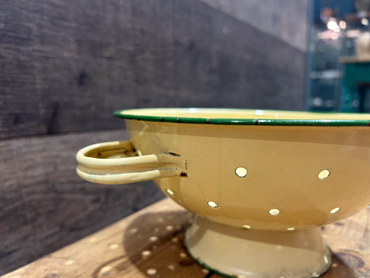 Vintage Cream and Green Enamel Kitchen Colander