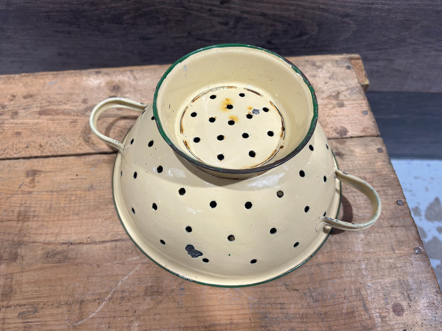 Vintage Cream and Green Enamel Kitchen Colander