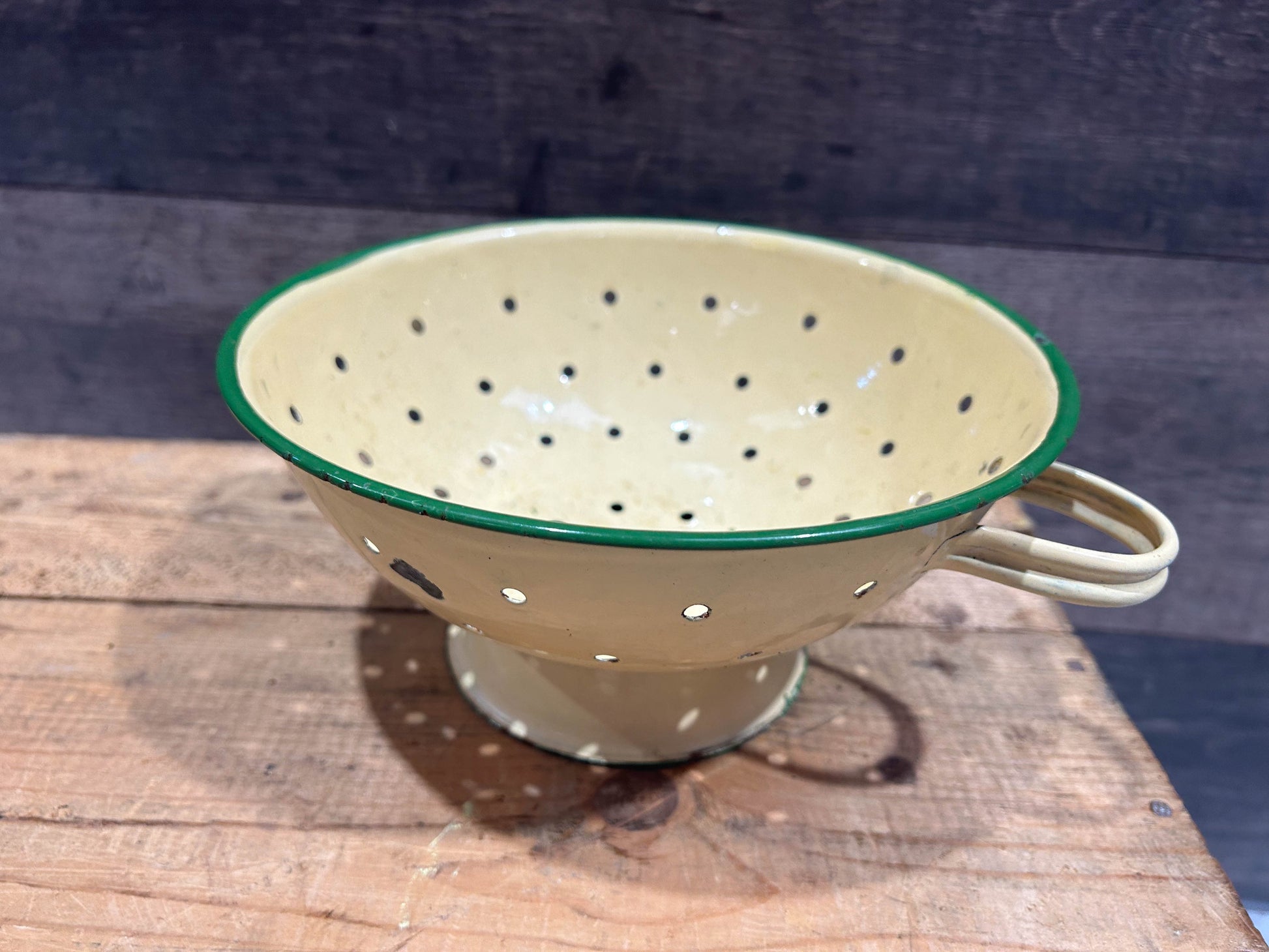 Vintage Cream and Green Enamel Kitchen Colander