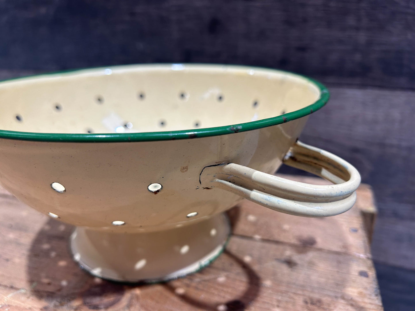 Vintage Cream and Green Enamel Kitchen Colander