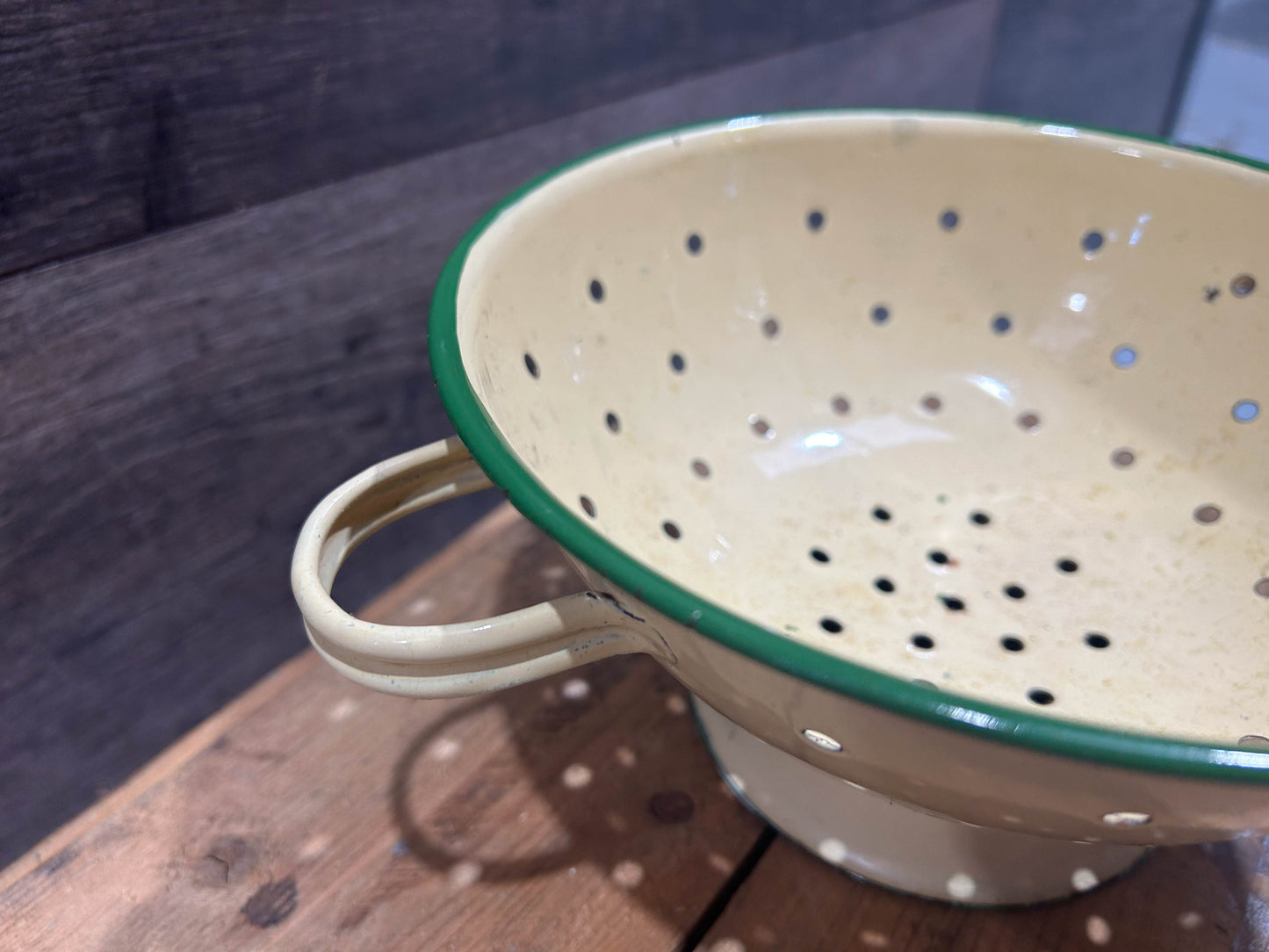 Vintage Cream and Green Enamel Kitchen Colander