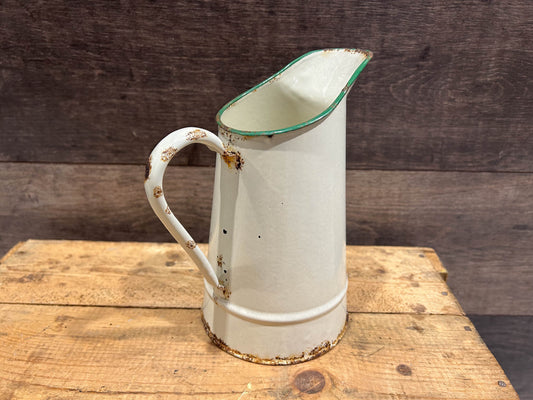 Old Vintage Cream Enamel Pitcher Jug with Green Rim / Pitcher, Pot, Pitcher, Carafe