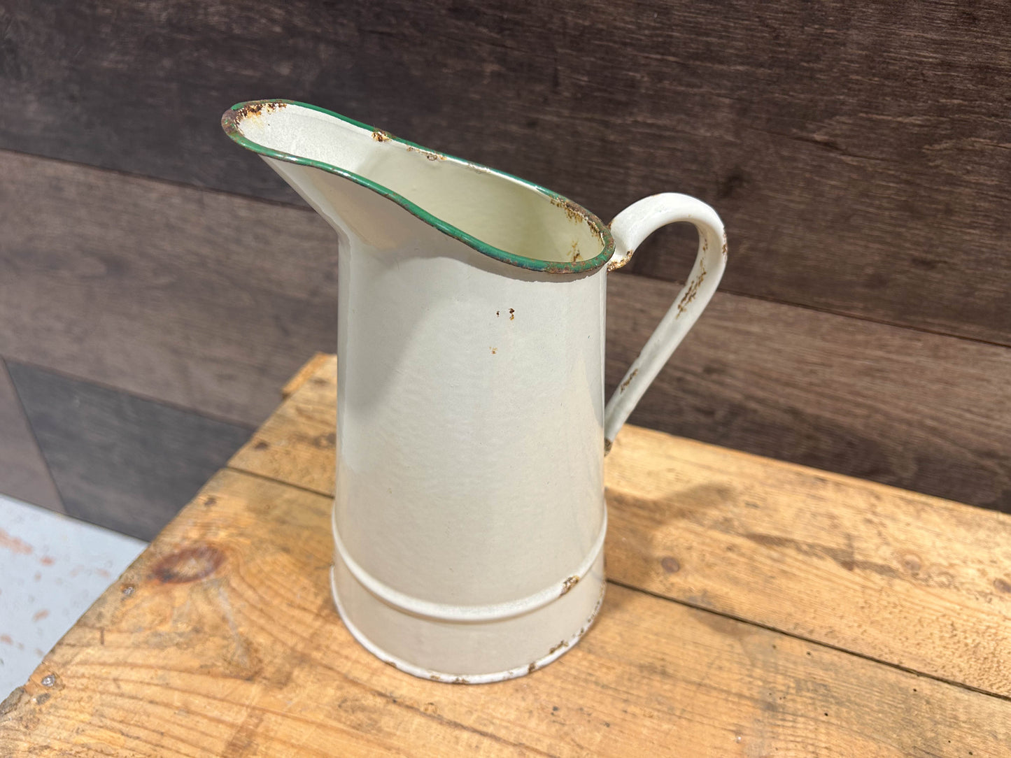 Old Vintage Cream Enamel Pitcher Jug with Green Rim / Pitcher, Pot, Pitcher, Carafe