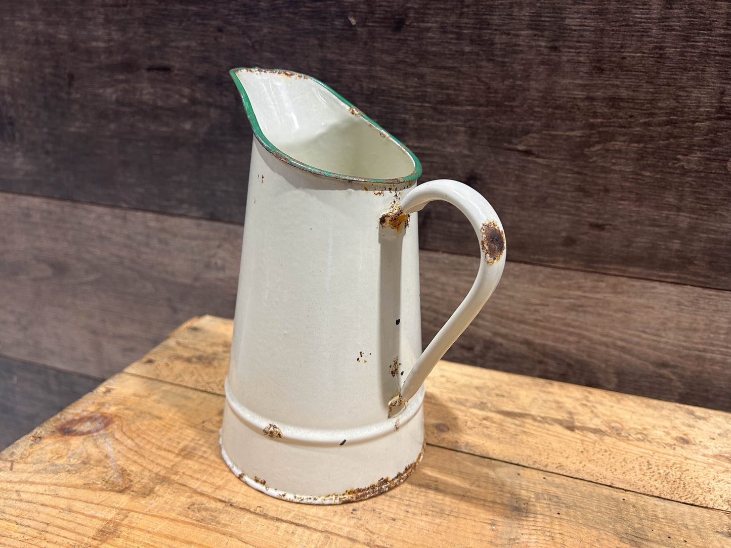 Old Vintage Cream Enamel Pitcher Jug with Green Rim / Pitcher, Pot, Pitcher, Carafe