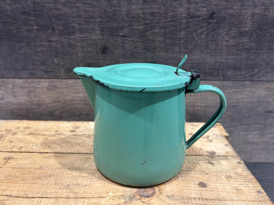 Vintage French Green Enamel Coffee Pot with Hinged Lid