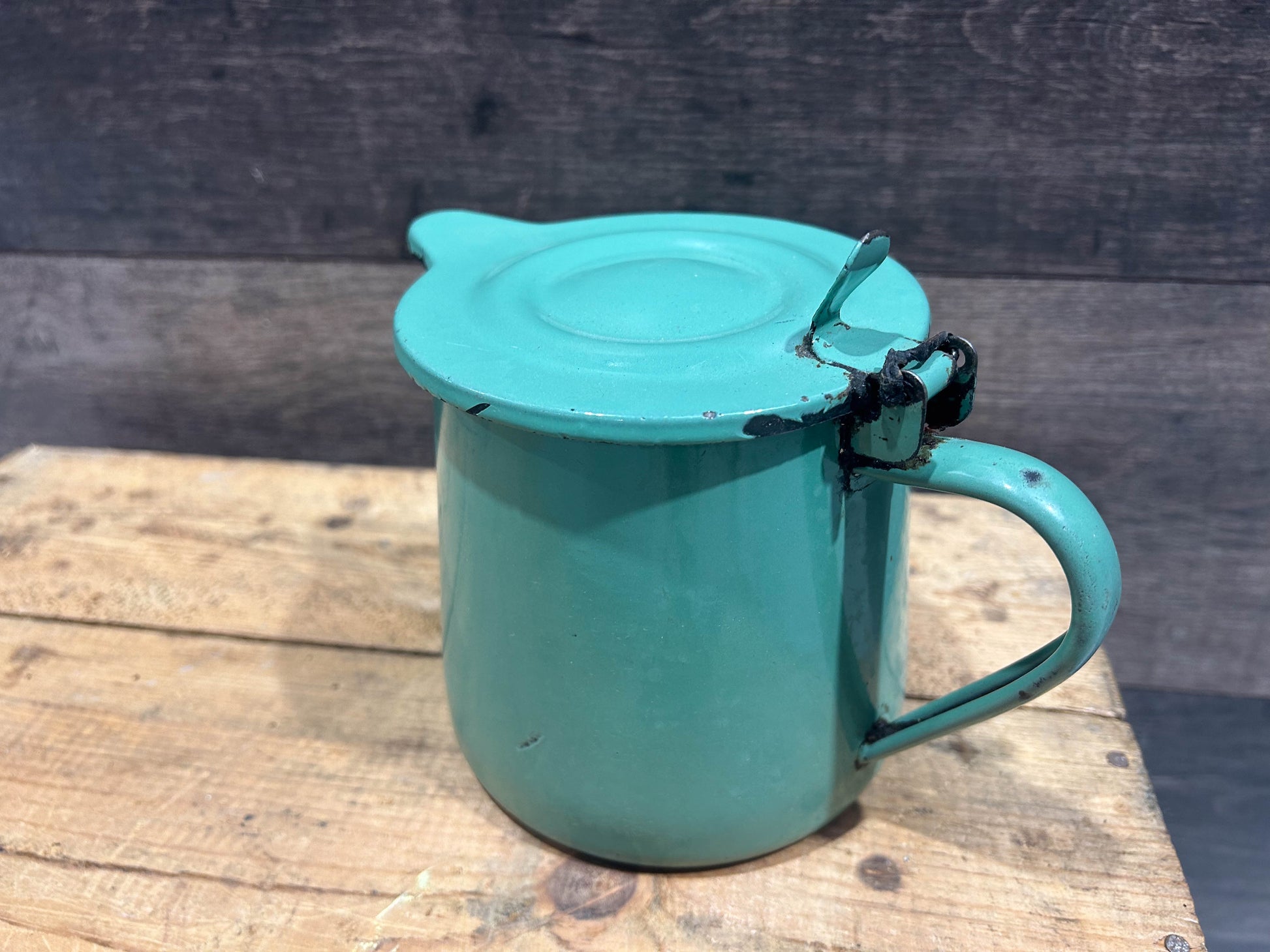 Vintage French Green Enamel Coffee Pot with Hinged Lid