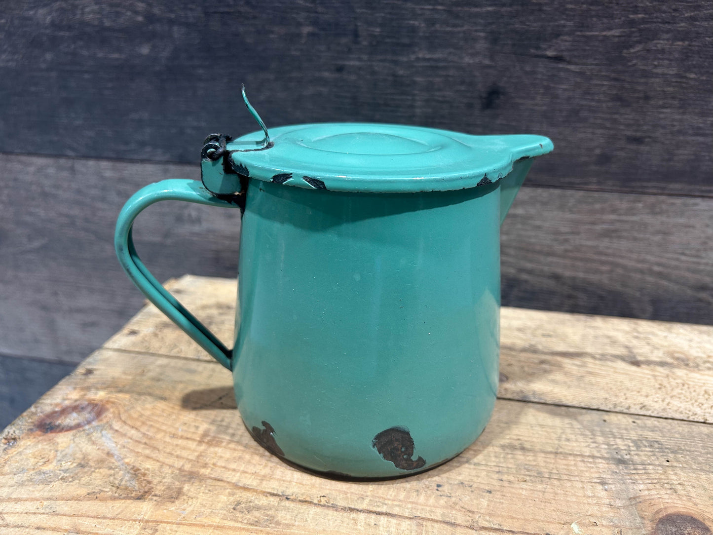 Vintage French Green Enamel Coffee Pot with Hinged Lid