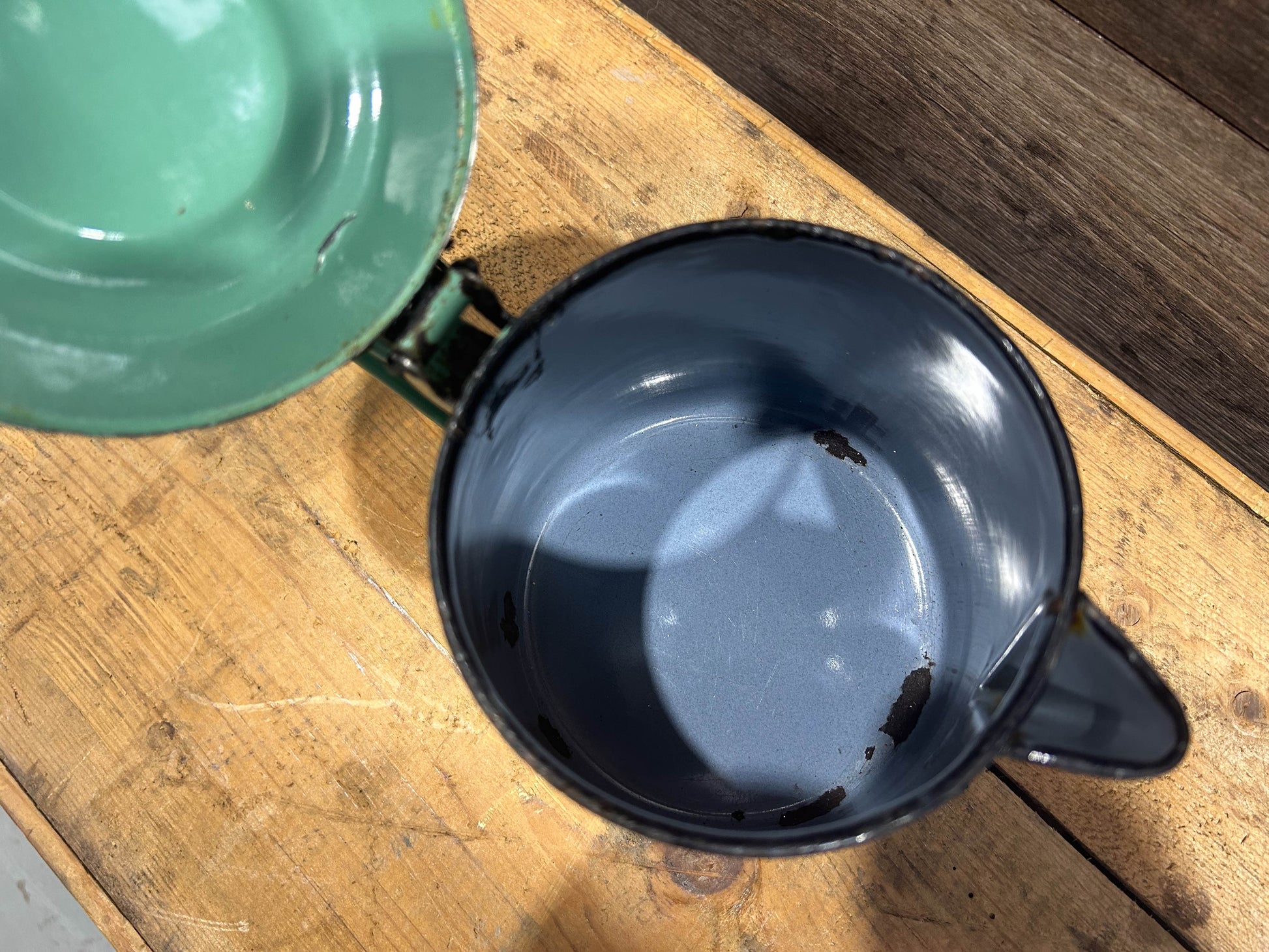 Vintage French Green Enamel Coffee Pot with Hinged Lid